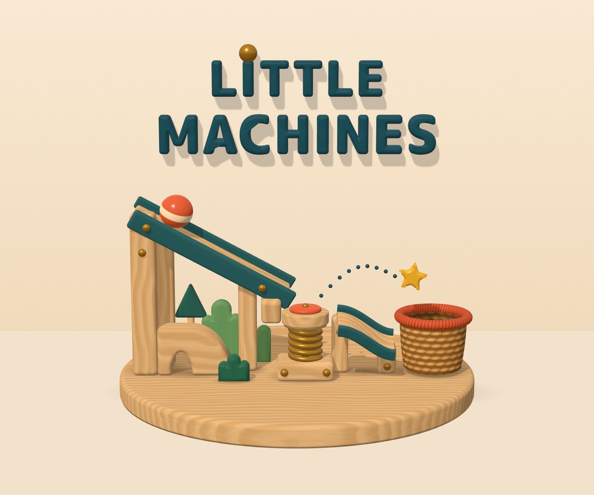 A wooden marble run with a ramp, a spring and a basket under the title Little Machines